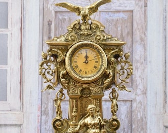 Large Brass Table Clock with Eagle and Woman - Fireplace Clock - Rococo Style Clock - Exclusive Gift Idea