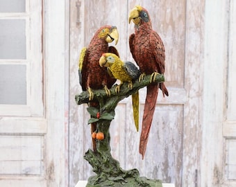 Family Parrots Bronze Statue - Parrot Large Sculpture Painted Bronze - Exclusive Statue Gift Idea -