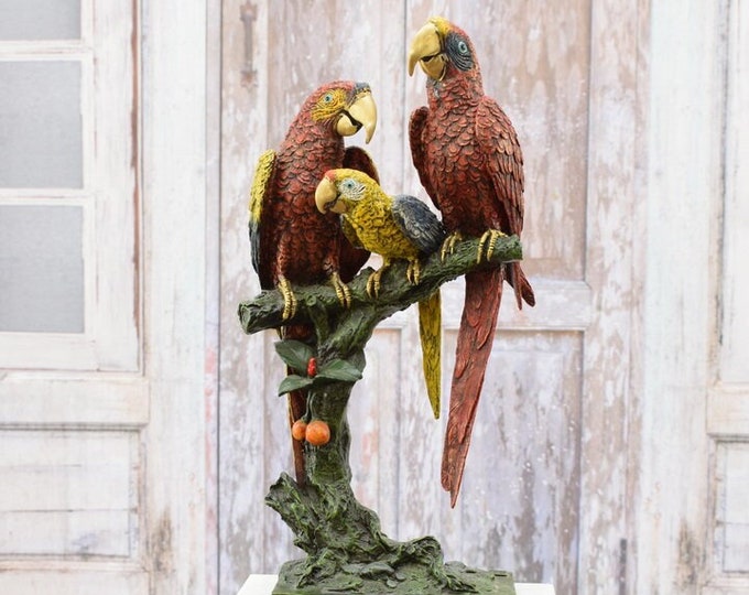 Family Parrots Bronze Statue - Parrot Large Sculpture Painted Bronze - Exclusive Statue Gift Idea -