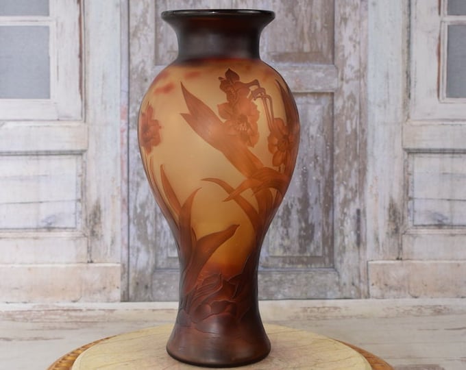 Limited Flower Vase - Brown and Orange Glass Vase - Emile Galle Style - Solid and Heavy - Wedding Gift Idea - Home Decor