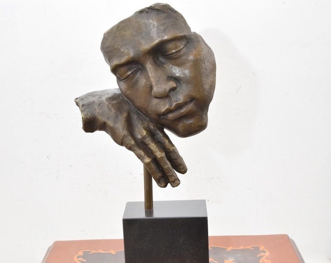 Large Bronze Pensive Face Statue - Mask Salvador Dali Style - Modernist Bronze Sculpture Woman - Art Work Abstract Figurine - Home Decor