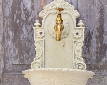 Cast Iron White Wall Fountain with Brass Faucet Tap - Spout Fountain Metal Wall Sink - Patio &  Wall Ornament Outdoor - Garden Decoration