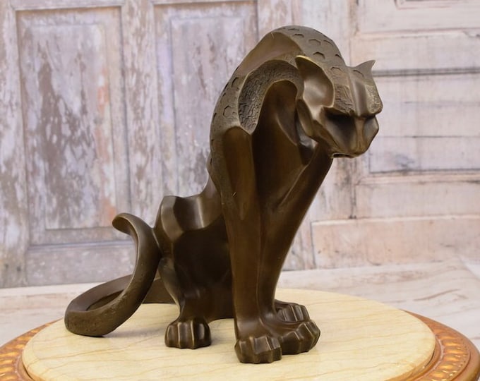 Art Deco Jaguar Bronze Sculpture: Modernist Panther Statue