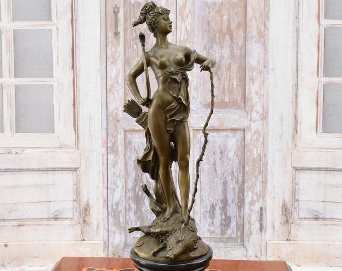 Diana Mythological Goddess with Bow Patron Hunter Bronze Sculpture Statue Figurine Sculpture Figure  Gift Idea -