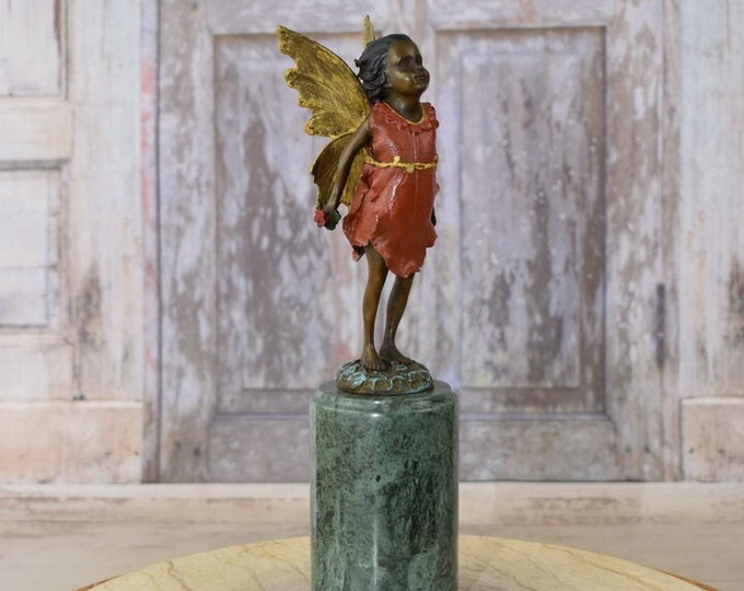 Elf Thumbnail with Wings Bronze Sculpture - Young Girl with Wings Statue - Vintage Statue - Foundry Mark - Home Office Decor - Gift Idea
