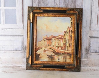 Venice Canal Painting: Italian Cityscape in Golden Frame
