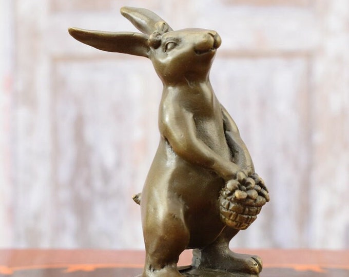 Bronze Statue Rabbit with Basket Fruits - Bronze Figurine Hare - Exclusive Statue on Marble Base - Gift Idea - Unique Figure