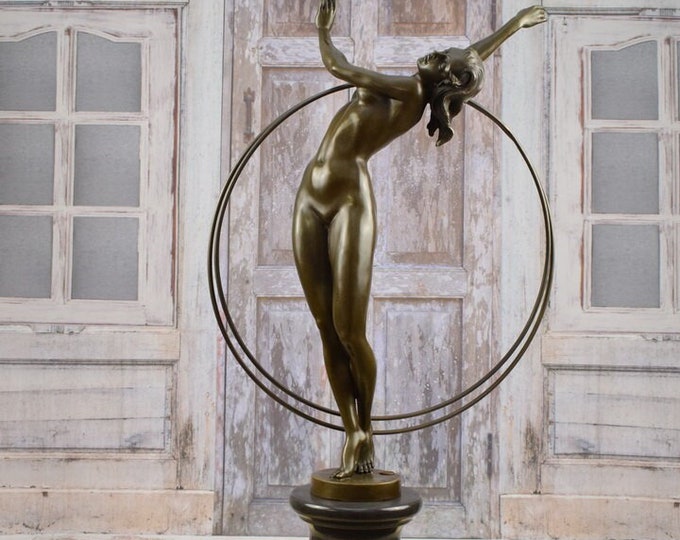 Gymnast with Hoop Bronze on Marble Base - Sash Woman Bronze Sculpture - Woman Statue Female Acrobat - Art Nouveau Bronze - Home Decor