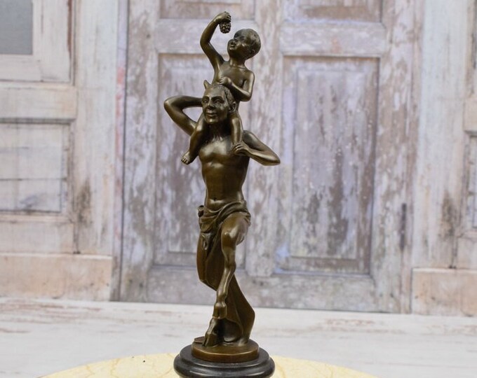 Faun and Cupid Bronze Statue on Marble Base - Mythology Bronze Statue - Sculpture Devil - Exclusive Gift Idea - Home Decor