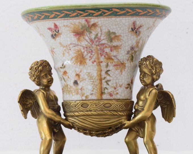Porcelain bowl - bronze ornaments two angels - plateau porcelain vintage - luxury bowl porcelain on mable base - gift idea