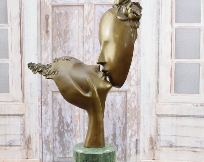 Kissing Couple Art Work - Kiss Faces Bronze Statue on Marble - Lovers Couple Abstract Bronze - Exclusive Gift for Wedding