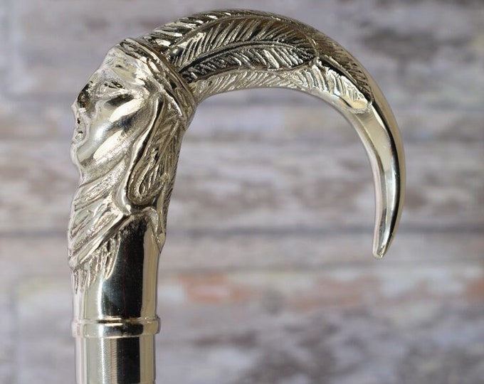 Silver Brass Walking Stick Indian  - Cane Indian Head Gift for Grandfather Wooden Cane - Handmade Gift - Gift for Birthday Black and Silver