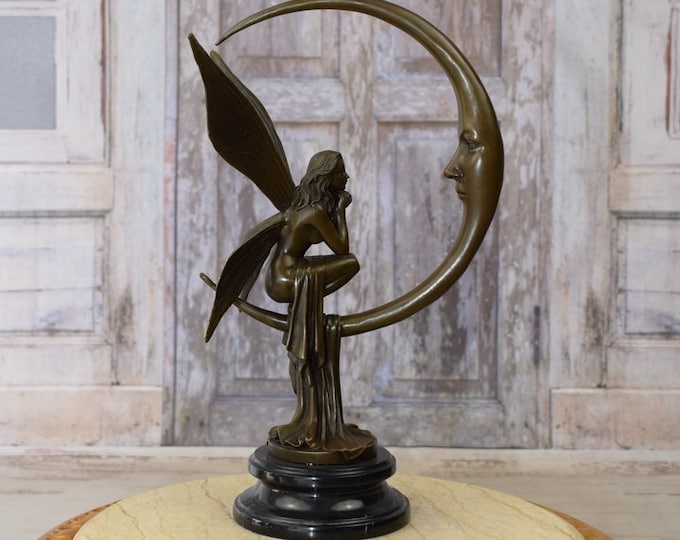 Mermaid on Half Moon - Bronze Figurine on Marble Base - Pensive Elf Thumbnail Figurine - Exclusiv Gift Idea - Foundry Mark - Home Decor