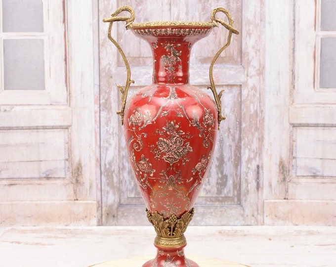 Red Large Vase Art Nouveau - Flower Port Porcelain Vase with Bronze Ornaments - Floral Design - Home Decor - Gift for Wedding