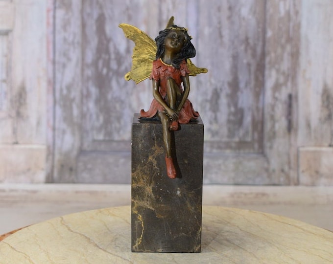 Elf Thumbnail with Wings Bronze Sculpture - Young Girl with Wings Statue - Vintage Statue - Foundry Mark - Home Office Decor - Gift Idea