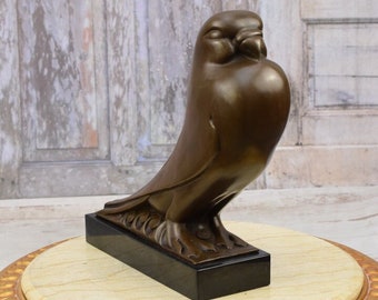 Art Deco Bronze Pigeon Sculpture on Marble Base - Vintage Bird Statue