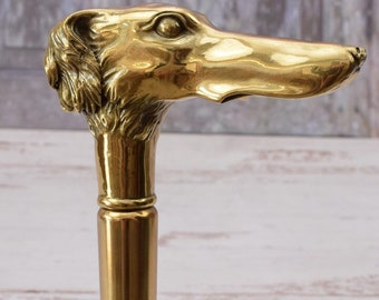 Bronze Greyhound Dog Walking Cane – Wooden Gilded Handle Stick