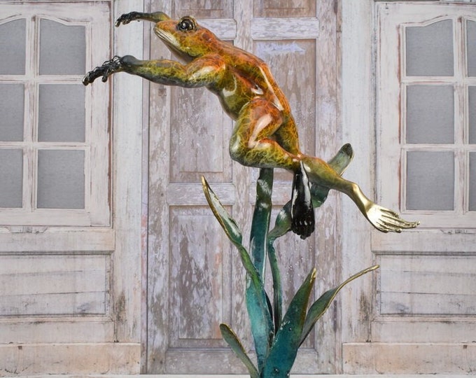 Jumping Frog Bronze Sculpture - Large Painted and Gilded Frog - Bronze Garden Statue - Home Decor - Vintage Statue Frog - Gift Garden