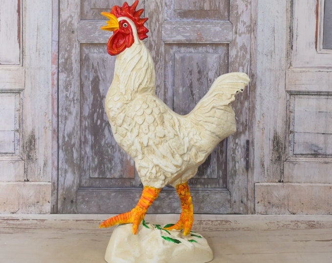 Cast Iron Colorful Rooster -Very Solid and Heavy Farm Sculpture - Painted Statue - Elegant Gift for Farmer - Home and Garden Decor