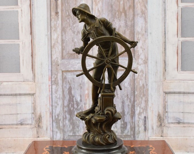 Bronze Seaman - Sailor Bronze Sculpture - Sailor with Steering Wheel - Ship Gift Idea - Seaman Vintage - Home and Ship Decor