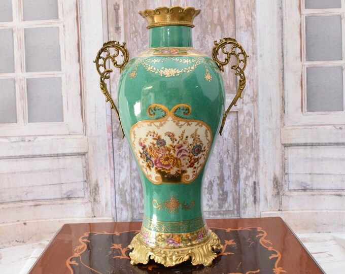 Luxury Green Porcelain Vase with Bronze Ornaments - Flower Pot Porcelain - Painted Porcelain - Regency Decor - Gift for Wedding