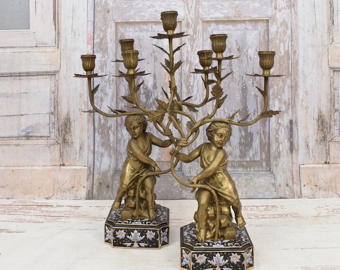 Black Porcelain Set Candlesticks - Porcelain with Bronze Elements - Candlesticks 2 Kids - Antique Porcelain - Home Decor - Gift for Wedding