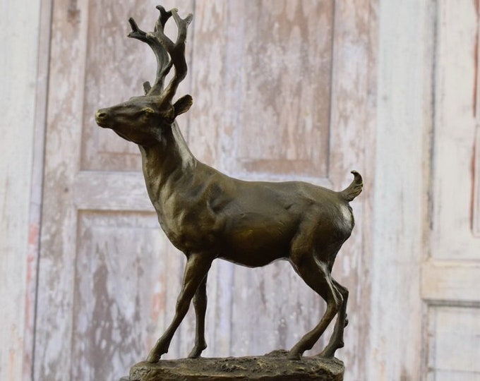 Amazing Large Deer Bronze Sculpture - Hunting Bronze Statue on Marble Base - Hunter Statue - Home Decor - Foundry Mark