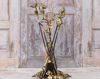 Set of Fireplace Tools Made of Polished Brass - Fireplace Accessory - Stove Tong Set - Exclusive Hunter Gift Idea