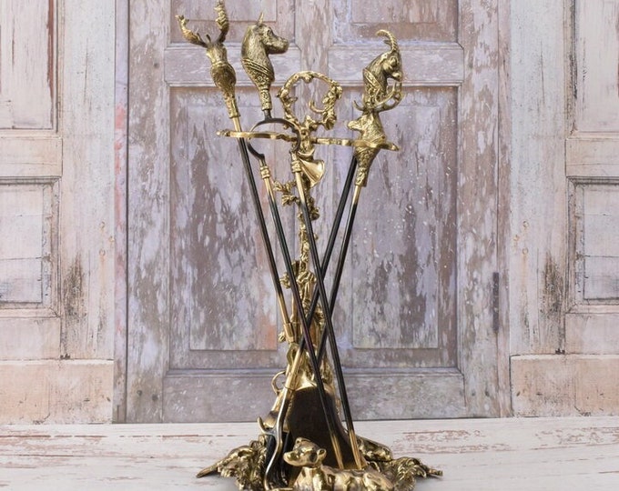 Set of Fireplace Tools Made of Polished Brass - Fireplace Accessory - Stove Tong Set - Exclusive Hunter Gift Idea