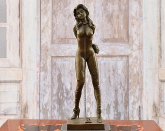 Bronze Woman Sculpture with Knee High Boots on Marble Base