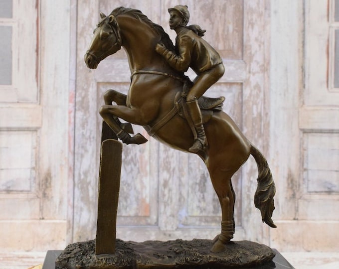 Bronze Racing Horse Statue - Luxury Jockey on Horseback Figurine Bronze - Exclusive Gift for Horse Rider -