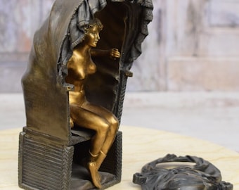 Gilded Bronze Woman Statue in Box: Unique Home Decor