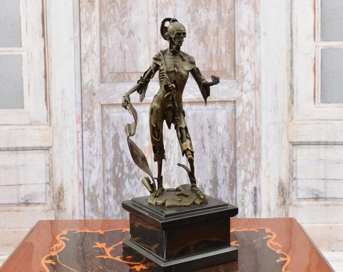 Memento Mori Bronze Sculpture - Skeleton Last Goodbye - Abstract Statue on Marble Base - Unique Gift