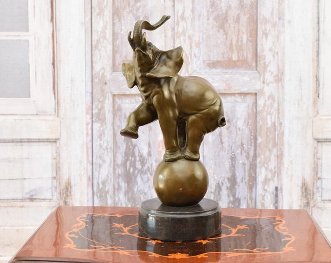 Happy Elephant with Raised Trumpet dancing on Ball - Elephant for Good Luck Bronze Sculpture - luxury bronze figurine -