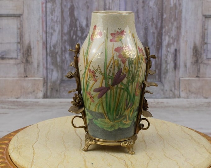 Luxury Porcelain Flower Pot with Bronze Ornaments - Vase on Bronze Base - Art Nouveau Bronze - Regency Decor - Gift for Wedding