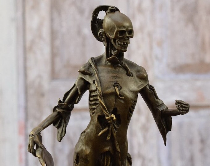 Memento Mori Bronze Sculpture - Skeleton Last Goodbye - Skeletton in Tattered - Abstract Statue on Marble Base - Unique Gift