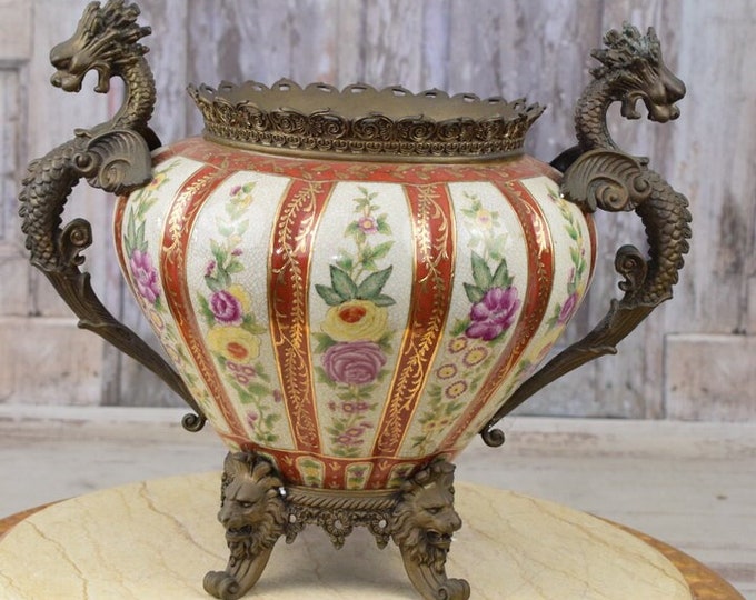 Porcelain Casket with Bronze Ornaments - Flower Design Porcelain Box - Dragons Bronze Ornaments - Vintage Porcelain - Home Decor