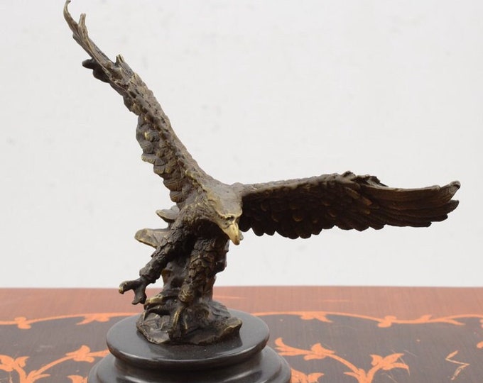 Flying Eagle Bronze Statue - Figurine Buzzard on Marble Base - Foundry Mark Sculpture - Gift for Hunter -