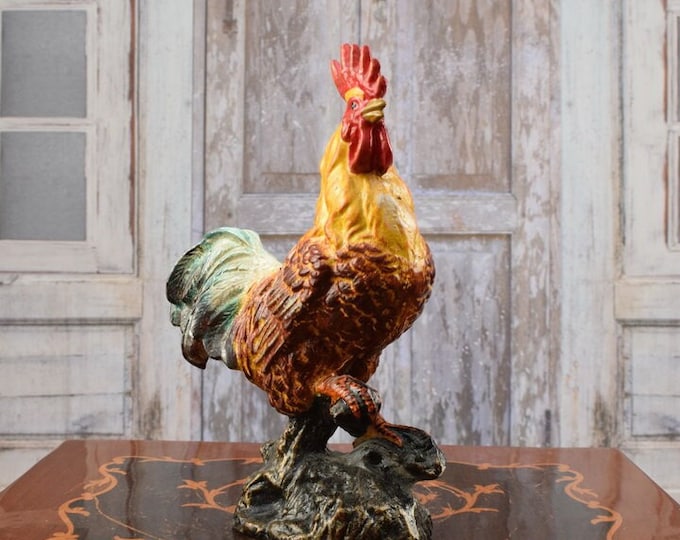 Cast Iron Colorful Rooster - Farm Sculpture - Painted Statue - Elegant Gift for Farmer - Home and Garden Decor