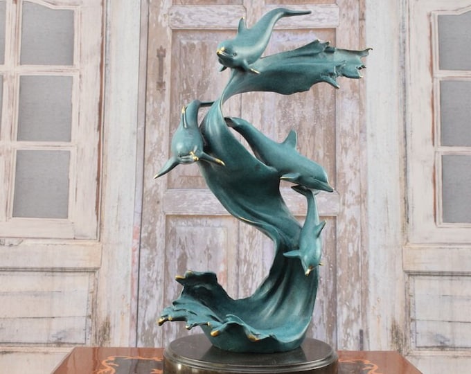 Family Dolphins Bronze Statue on Marble Base - Premium Bronze Sculpture - Foundry Mark - Exclusive Gift Dolphin - Home Decor - Unique Gift