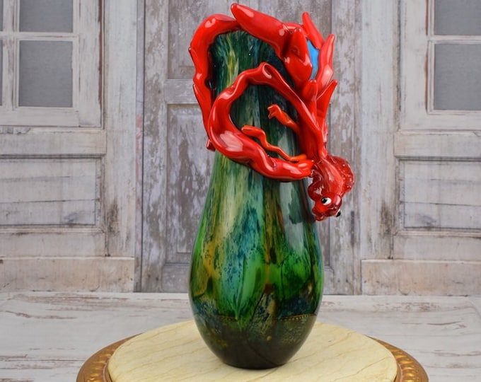 Green and Red Vase Murano Style Glass - Vase with Fish Handcrafted Flower Pot - Colorful Flower Pot - Massive and Heavy - Home Decor Gift