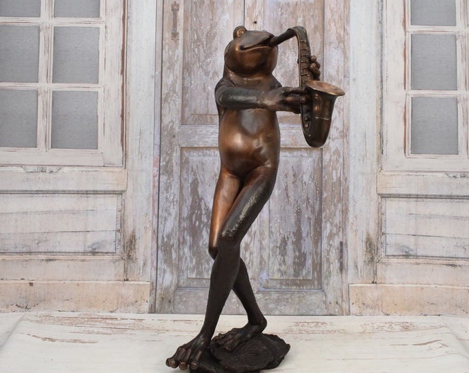 Large Fountain Bronze Sculpture Frog with Saxophone - Bronze Garden Statue - Home and Garden Decor - Vintage Statue Frog - Fountain Garden