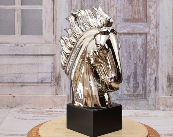 Modernist Horse Head Sculpture - Ceramic and Metal Silver Statue - Luxury Gift Idea - Modernist Statue - Home Decor - Unique Gift Idea