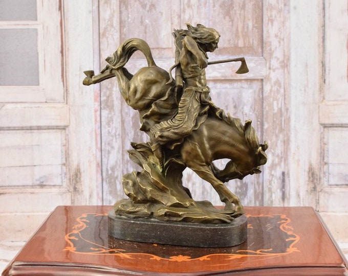 Western indian on horseback - indian with axe and bow - indian statue figurine - bronze sculpture -
