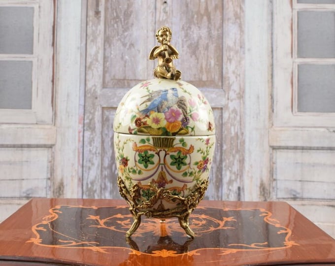 Egg Porcelain with Bronze Ormanents - Bronze Playing Trumpet Angel - Floral Ornaments - Casket Porcelain - Home Decor - Unique Gift