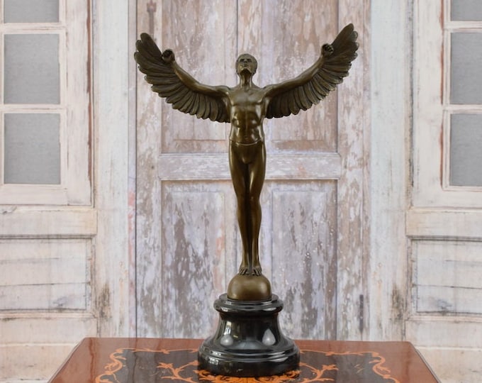 Icarus Bronze Sculpture on Marble Base - Vintage Figurine - Mythological Statue - Winged Man Act - Luxury Gift - Home Decor