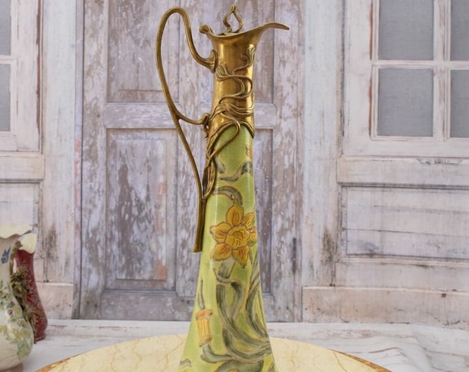 Porcelain Wine Jug with Bronze Handle - Porcelain Carafe - Floral Ornaments - Art Nouveau Style - Home Decor - Kitchen Decor