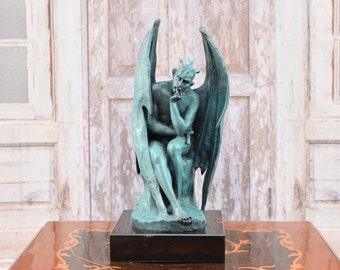 Bronze Winged Lucifer Sculpture: Pensive Devil on Marble Base