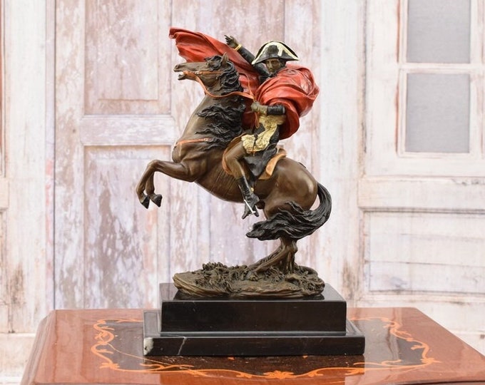 Bronze Sculpture Napoleon on Horse - Painted Bronze Statue on Marble Base - Napoleon Bonaparte - Exclusive Gift -