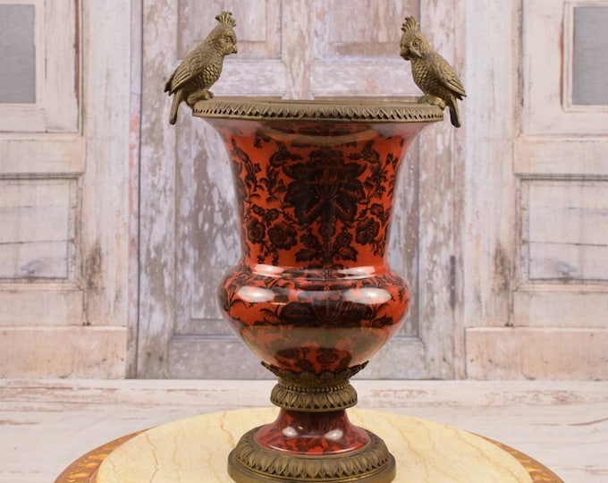 Antique Red and Black Porcelain Flower Pot - Vase Porcelain and Bronze Ornaments - Parrots Bronze Ornaments - Home Decor - Gift for Wedding
